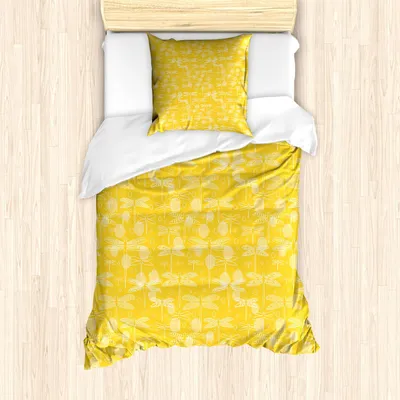Immagine prodotto di ABAKUHAUS Set copripiumino giallo e bianco, motivo libellule con sfondo a pois e ali elaborate, 135 x 200 cm + 80 x 80 cm, giallo e bianco