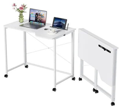 Immagine prodotto di Scrivania pieghevole su ruote - Scrivania per computer 90x56x75 cm - Legno - Con ruote - Ideale per piccoli spazi e per l'ufficio domestico - Bianco
