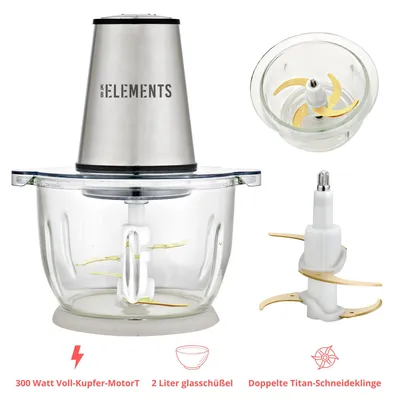 Produktbild von KB ELEMENTS Elektrische Zerkleinerer - 300 Watt voll Kupfer Motor, 2 Liter Glaschüssel, Doppelte Titan-Schneideklinge, Edelstahl
