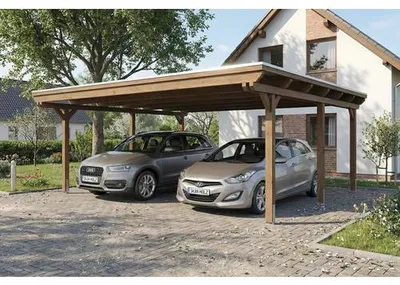 Produktbild von Doppelcarport SKAN HOLZ Emsland inkl. Pfostenanker 609 x 604 cm nussbaum