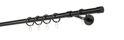 A black curtain rod with rings and a wall mount, isolated on a white background.