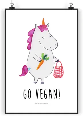 Produktbild von Mr. & Mrs. Panda Bild Einhorn Vegan DIN A5 - Weiß - Geschenk, drucke, Unicorn, Plakat, Posterdruck, Veganer, Gesund Leben, kunstdruck poster, Rohkost, Veganismus, essen