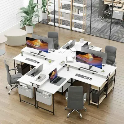 Imagen del producto de AIORBER, paquete de 4 escritorios de esquina en forma de L, grandes, con iluminación LED y enchufes, mesa de ordenador con soporte para monitor y estanterías - Blanco