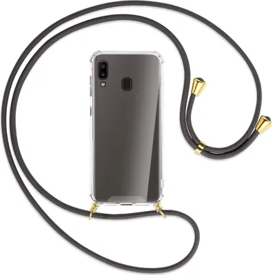 Produktbild von Handykette Backcover-Schutzhülle mit Band (Metall goldfarben) für Samsung Galaxy A20e - dunkelgrau