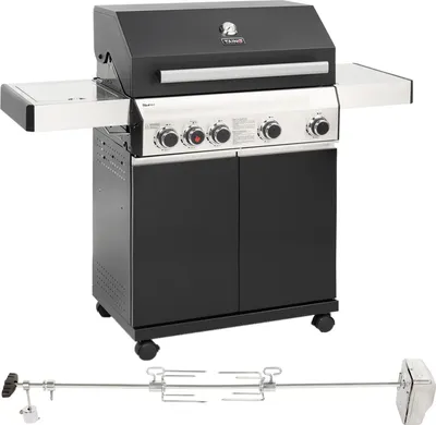 Image de TAINO BLACK 4+1 Set avec tournebroche Barbecue à gaz Rotisserie avec moteur 4 brûleurs céramique-Sear Zone électrique Broche à viande Chariot de barbecue