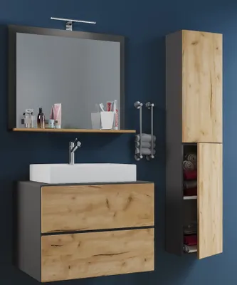 Produktbild von VCM 4-tlg. Waschplatz Waschtisch | Waschbecken Unterschrank Breite 60 cm | Badmöbel Set mit Schubladen Drehtüren Spiegel | Lendas L