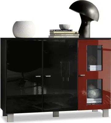 Produktbild von Vladon Sideboard Denjo,  Germany, Kommode mit 3 Türen, Schwarz matt/Schwarz Hochglanz/Bordeaux Hochglanz (107 x 81 x 35 cm)