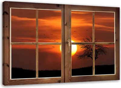 Produktbild von Leinwandbild fenster - untergehende sonne 60x40 cm Feeby orange wandbild bereit zum aufhängen