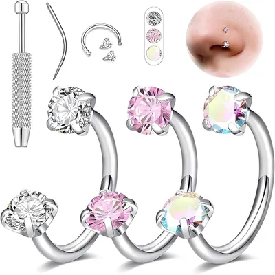 Imagen del producto de Kit para piercing nasal, con dos aros de acero inoxidable en forma de herradura, 1 juego, apto para septum y hélix
