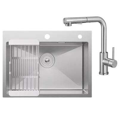 Produktbild von Cecipa MAX Spülbecken Edelstahl 60x45 Set, handgefertigte Aufbauspüle mit ausziehbarem Abtropfkorb und L-Armatur, ideal für die Küchenrenovierung