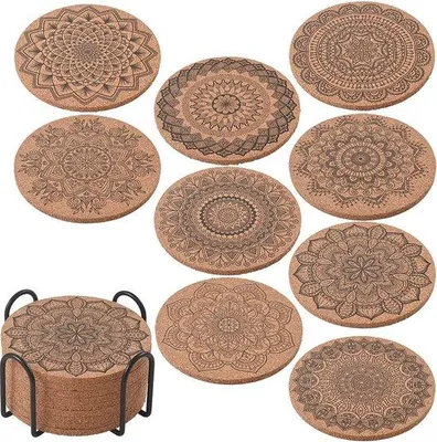 Image de Plaques Kurkene pour boissons froides ou chaudes, lot de 9, avec support métallique