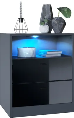 Produktbild von Vladon Kommode Pino V1,  Germany, Nachttisch mit 2 Schubladen & 1 offenem Fach, Anthrazit matt/Schwarz Hochglanz mit LED RGB (56 x 67,5 x 36 cm)