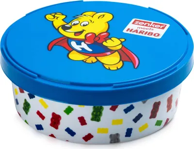 Produktbild von Zenker Haribo Vorratsdose als Aufbewahrung für Snacks und Süßigkeiten Frischhaltedose aus Kunststoff mit süßem Goldbär-Design Runde Dose für die Küche