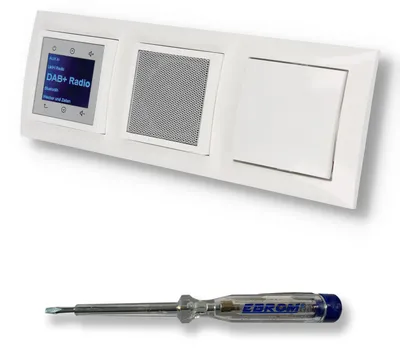 Produktbild von BERKER Unterputz DAB+ und Bluetooth Radio 30848989, Lautsprecher Lichtschalter Wechselschalter 3036 - polarweiß glänzend + 3fach Rahmen Berker 10138989 inkl. EBROM Phasenprüfer zur Montage der Geräte