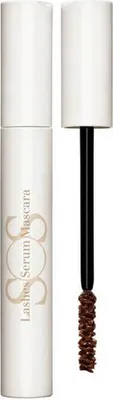 A white tube of mascara with the wand extended, showing the brown mascara brush.