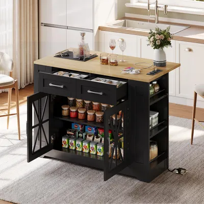 Produktbild von Flieks Servierwagen mit klappbarer Arbeitsplatte, Küchenwagen mit AC-Anschluss und USB-Anschluss, Küchenschrank mit Glastüren, Schwarz