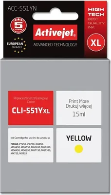 Zdjęcie produktu dla Activejet Zamiennik tuszu do drukarki Canon CLI-551Y żółty 15 ml