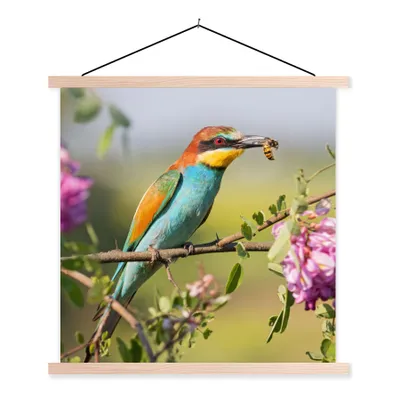 Produktbild von MuchoWow® Textilposter Vogel - Bienenfresser - Blumen 40x40 cm mit holzfarbenen Rahmen - Posterleiste