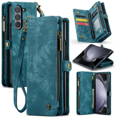 Obrázek produktu pro Pouzdro pro Samsung Galaxy Z Fold 5, Vintage Multifunkční Kožené Pouzdro s Přihrádkami na Karty a Zipem modré