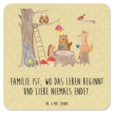 Produktbild von Mr. & Mrs. Panda Getränkeuntersetzer Waldtiere Picknick 50er Set - Gelb Pastell - Geschenk, Bierfilzl, Tassenuntersetzer, Eichhörnchen, Hase, gläseruntersetzer, Fuchs