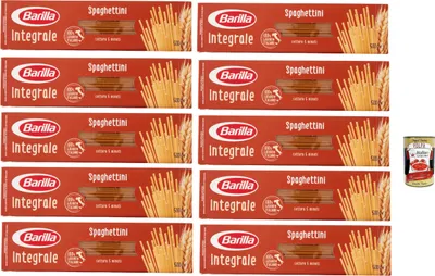 Produktbild von Barilla Integrale Spaghettini – Vollkorn Hartweizennudeln, dünne Spaghetti – 100% Vollkorn, ballaststoffreich – al dente 5 Min – ideale Form für Saucen & Pesto 10x 500 g + Italian Gourmet polpa 400g