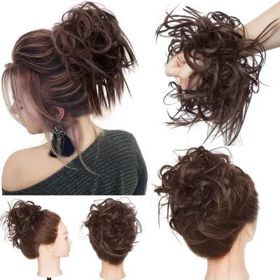 Produktbild von Haarteil Dutt mit Haaren, struppiger Haarknoten, Hochsteckfrisur, Synthetik, Mittelbraun