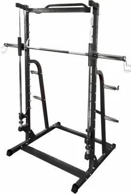 A black and gray Smith machine is shown against a white background.