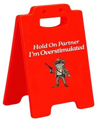 Produktbild von 1/2/3 Stück „Vorsicht Überreizung“-Tischschild mit Cowboy-Frosch-Motiv – Halt durch, Partner, ich bin überreizt! Mini-Tischschild für Zuhause oder Büro – Scherzartikel für Kollegen