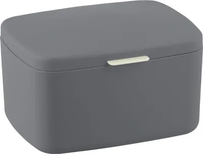 A gray storage box with a white latch on a white background.