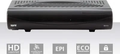 A black satellite receiver is shown from the front, with feature icons below.