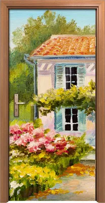 Produktbild von Türposter 90x200 cm Türaufkleber Türtapete Türfolie Klebefolie Blumen Baume Haus farbenfroh