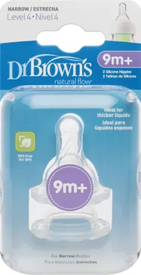 Packaging for Dr. Brown's natural flow narrow/estrecha level 4 silicone nipples.