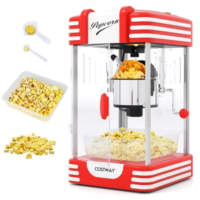 Produktbild von COSTWAY Popcornmaschine Retro 300W, Popcorn Maker im Kino-Stil mit Warmhaltelicht, Handkurbel & herausnehmbarem Tablett, Popcornautomat Popcorngerät