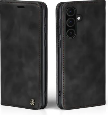 A black flip case for a smartphone is shown from two angles.