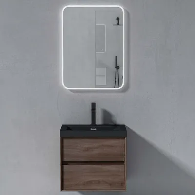 Produktbild von doporro Badmöbelset Waschbecken-Unterschrank mit Soft-close in Eiche Stirling Wandhängender Badezimmerunterschrank 60cm inkl. matt Anthrazit Mineralguss-Waschbecken und LED-Spiegel Rimo