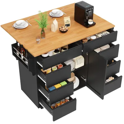 Obrázok produktu pre Kuchynský ostrov na kolieskach s pracovnou doskou, 8 zásuviek, polička na korenie, čierna farba, rozmer 111x40x91,5 cm
