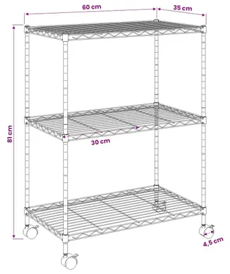 Obrázek produktu pro vidaXL Úložný regál se 3 policemi a kolečky 60x35x81 cm černý 150 kg
