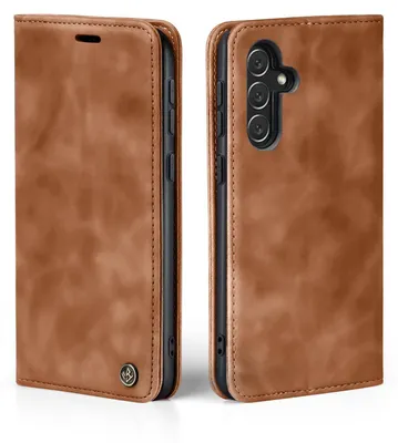 A brown leather flip case for a Samsung Galaxy A54 5G phone, shown from the front and back.