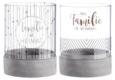 Produktbild von Gilde Windlicht, zylindrisch, "Familie", Spruch, Glas, Zement, grau, klar, H. 20 cm, D. 15 cm 31920 4063387319208 2 Stück (2-fach sortiert)