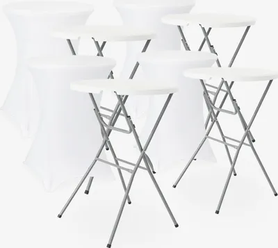A set of white party standing tables with white covers and gray metal legs, arranged on a white background.