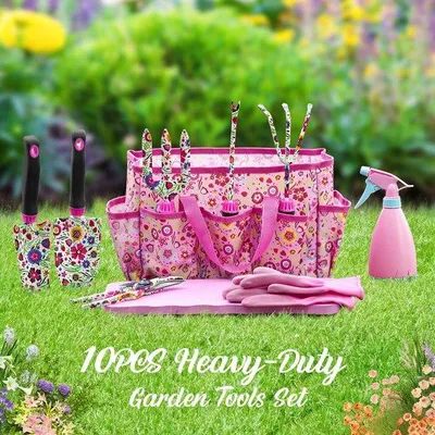 Immagine prodotto di Set di 10 utensili da giardino Unyqoos® – Set completo con impugnature in gomma antiscivolo, acciaio inossidabile, borsa per il trasporto, guanti e motivo floreale vintage
