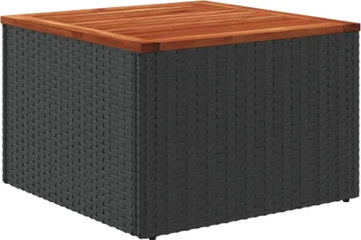A cube-shaped ottoman with a woven gray base and a wooden top.