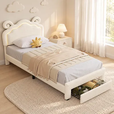Imagen del producto de Cama tapizada INONEFT de 90x200 cm, estructura de cama para niños con iluminación LED y cajón, cama individual con cabecero ajustable en altura, tapizada en tela tipo "teddy" color beige