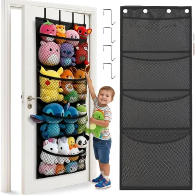 Produktbild von Aufbewahrungsregal für Stofftiere, Türorganizer mit 4 großen Fächern, Hängeregal für Kinderzimmer, Wandorganizer für Plüschtiere für Kinderzimmer, Badezimmer und Schlafzimmer.