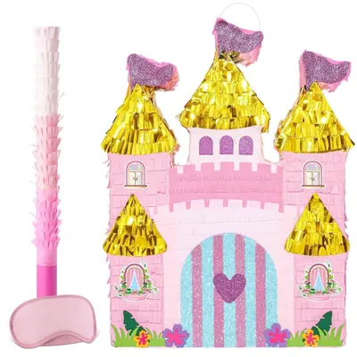 Prinzessinnenschloss-Piñata, rosa, 41,9x31,6x7,5 cm, mit Stock und Maske