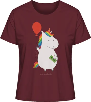 Produktbild von Mr. & Mrs. Panda Kurzarmshirt Damen Einhorn Luftballon Größe M - Burgundy - Geschenk, Geld, Unicorn, Shirt, T-Shirt, Sommershirt, Basic, Einhörner, Freundin