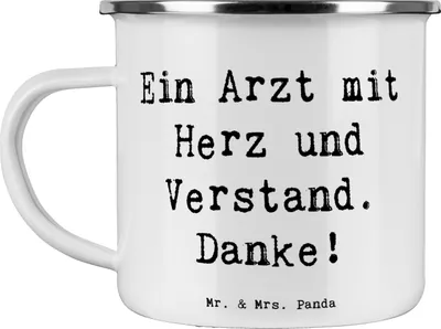 Produktbild von Mr. & Mrs. Panda Emaille Tasse Spruch Arzt mit Herz - Weiß - Geschenk, medizinischer Beruf, Teebecher, Bedanken, liebevoller, Wertschätzung, Aufmerksamkeit, Geschenke