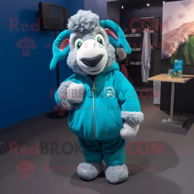 Produktbild von Cyanfarbener REDBROKOLY Suffolk-Schaf Maskottchen Kostüm charakter bekleidet mit einem Sweatshirt und Fußkettchen