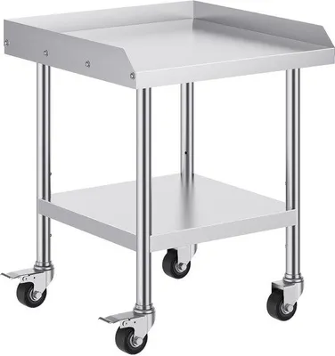 Productafbeelding van Professionele keukentafels, 61 x 61 x 76 cm, met wielen, voorzien van 4 wielen en een spatwand aan drie zijden, ideaal voor restaurants, appartementen en hotels.