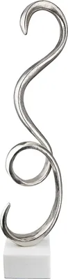 A silver spiral sculpture on a white marble base.